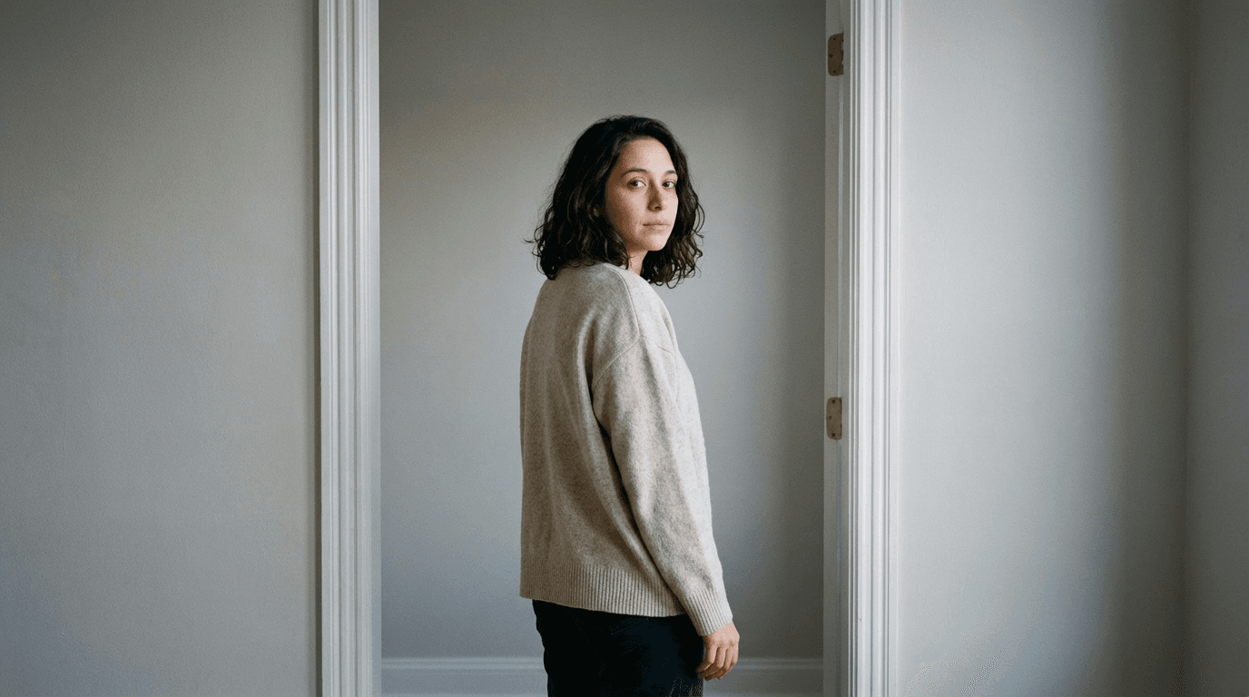 Mira standing in a doorway, looking back